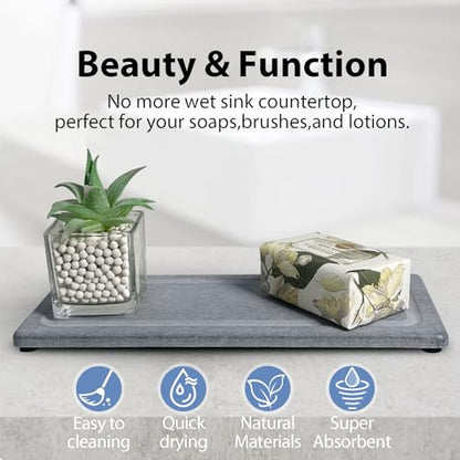 2 PCS Water Absorbing Stone Trays for Bathroom Sink & Kitchen Counter, Fast-Drying Diatomite Sink Coasters, Vanity Tray, Hand Soap Holder with Anti-Skid Pads (11" x 4.7" Gray) - color: 11" X 4.7" Gray
