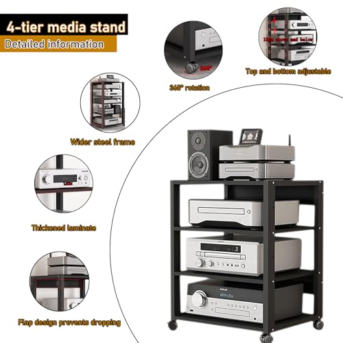 4 Tier Audio Rack Tower, CD Record Player Stereo Receiver AV Equipment Cabinet Display Rack, Weight Capacity 661 lbs, with Adjustable Wooden Shelves for Home (4 Tier Black) - size: 4 Tier Black