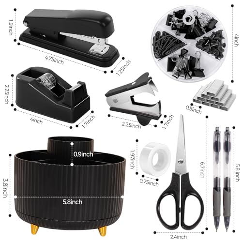 SKYDUE Black Office Supplies, Black Office Desk Accessories 10PCS, Pencil Holder for Desk, Stapler, Tape Dispenser, Scissors, Ruler, Clips and 1000pcs Staples, Desk Supplies Set - color: Black