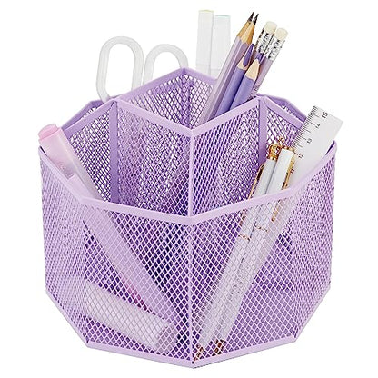 Annova Mesh Desk Organizer Rotate with 5 Compartments Spinning Tidy Candy/Pen Holder Office, Art Supply, Storage, Classroom, Home (Light Purple) - color: Light Purple