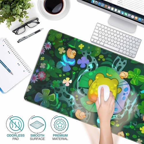 Cute Frog Desk Decor Mouse Pad Funny Desk Mat Frog Decor Desk Pad, Kawaii Green Desk Mat for Keyboard and Mouse, Gaming Mouse Pad for Computer Keyboard Laptop with Stitched Eges Pad 31.5"X15.7" - color: Green Frog