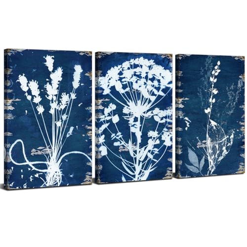 Navy Blue Botanical Wall Art Vintage Boho Abstract Plant Wall Art for Living Room Decor Royal Blue White Flower Pictures Minimalist Floral Poster Canvas Prints Artwork Bedroom Home Decoration 12x16" 3 - color: White Flower, size: 12"l X 16"w