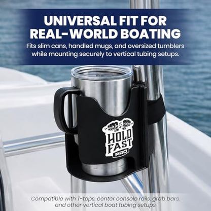 HoldFastPro Boat Cup Holder, Adjustable Universal Boat Cup Caddy for Rails & Grab Bars, Marine Drink Holder for Center Console, & T-Top Mounting, Black - color: Black