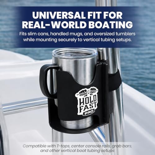 HoldFastPro Boat Cup Holder, Adjustable Universal Boat Cup Caddy for Rails & Grab Bars, Marine Drink Holder for Center Console, & T-Top Mounting, Black - color: Black