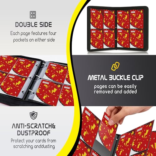 Trading Card Binder 4 Pocket,400 Pocket Card Collection Binder with 50 Removable Sleeves,PU Waterproof Top Card Book,3-Ring Zipper Collectible Trading Card Album for MTG/TCG/Card Holder Gift（Red） - color: Red, size: Small