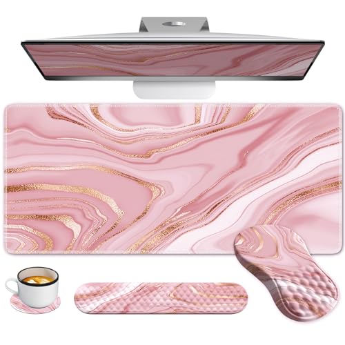 Light Pink Desk Mat Set with Mouse Pad and Memory Foam Wrist Rest, Soft Mat for Mouse and Keyboard, Large Office Desk Mat with Wrist Support, Smooth Surface, Non-Slip Base, 35.4 x 15.7 in - color: Marble Rose Gold Pink Fluid