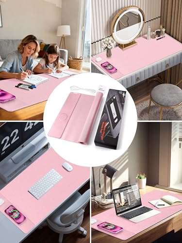 TopMade Mouse Pad with 15W Wireless Charging, XXL Large Leather Desk Mat, Waterproof Gaming Mousepad Home Office Desk Pad Protector, Computer Keyboard Pad, Mouse Mat for MacBook, PC, Laptop, Pink - color: Pink