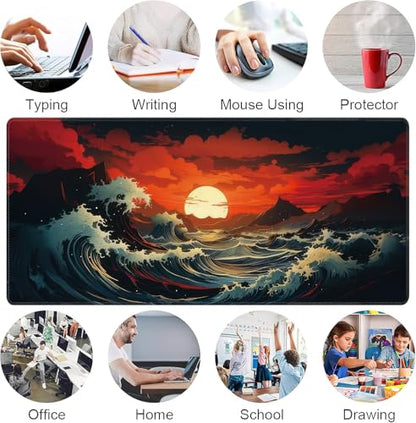 Japanese Sea Wave Large Mouse Pad,Gaming Keyboard Desk Pad,Extended Mouse Mat Non-Slip Rubber Base with Stitched Edges for Office Game Home XXL 35.4"x15.7" - color: Japanese Wave, size: 35.4L x 15.7W inches