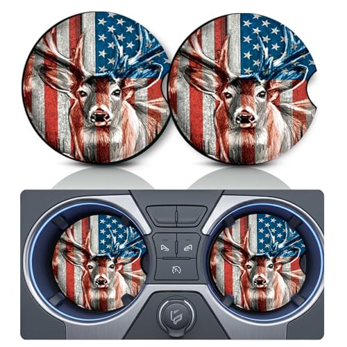 2PCS USA Flag Buck Deer Car Cup Holder Coasters, Cars Coasters for Cup Holders, 2.75" Universal Anti Slip Rubber Mat with Finger Slot, Patriotic Hunter Car Accessories Interior Decor, Deer Gifts - color: American Flag Deer