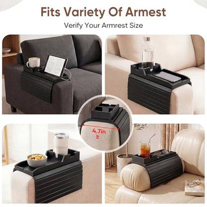 Bamboo Couch Arm Tray Table with Built-in Cup Holder, Foldable Anti-Slip Sofa Armrest Table for Drinks, Phone & Remote, Fits 4.7–16.9 in Armrests, Holds Cups up to 3.5 in Diameter (Black) - color: Black