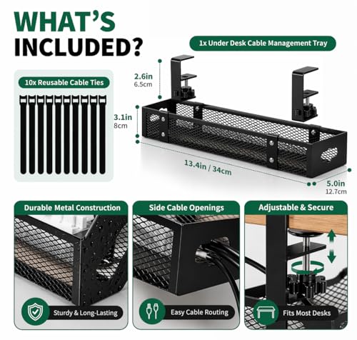 Under Desk Cable Management Tray, Metal Desk Cord Organizer, Adjustable Clamp, No Drill, Durable Desk Cable Organizer – 13.4'' - size: 13.4 inch
