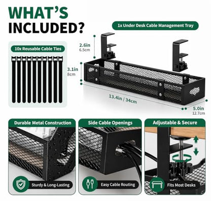 Under Desk Cable Management Tray, Metal Desk Cord Organizer, Adjustable Clamp, No Drill, Durable Desk Cable Organizer – 13.4'' - size: 13.4 inch