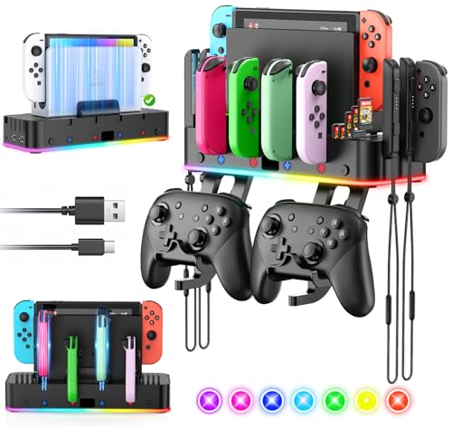 Switch/OLED Wall Mount with RGB,Switch Organizer with Holder,Charging Dock for Joycon with 15 Light Mode,2 USB Ports,4 Controller Charger,10 Card Slots - size: For Switch/OLED