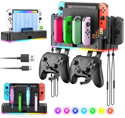 Switch/OLED Wall Mount with RGB,Switch Organizer with Holder,Charging Dock for Joycon with 15 Light Mode,2 USB Ports,4 Controller Charger,10 Card Slots - size: For Switch/OLED
