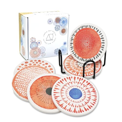 AD Set of 6 Coasters for Drinks Absorbing Round Ceramic Stone Coaster with Cork Base Tabletop Protection Mat for Mugs and Cups,Office,Kitchen (Coral Watercolor with Holder) - color: Coral Watercolor With Holder