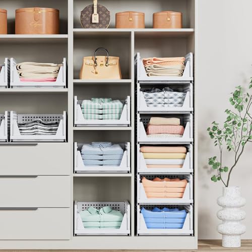 8 Pack Stackable Closet Storage Basket - Stackable Storage Bins, Multifunctional & Foldable Closet Organizer Waterproof, Wardrobe Cupboard Space-Saving Hat Storage Drawer Organizer, White - size: 8 Pack White