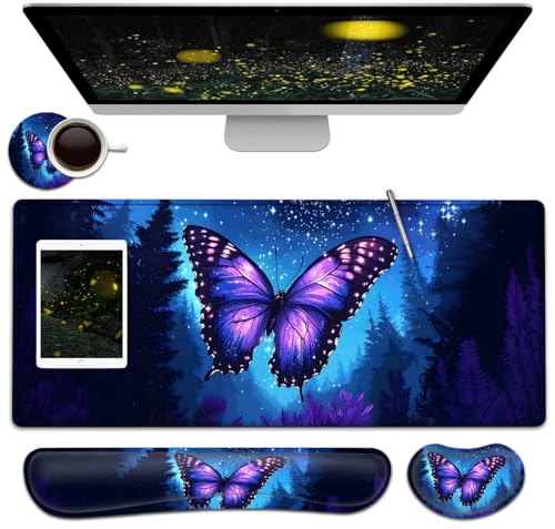 Large Mouse Pad + Keyboard Wrist Rest Set, Extended Gaming Mousepad (31.5X11.8 inch) with Non-Slip Rubber, Ergonomics Memory Foam Mouse Wrist Rest Support, Beautiful Butterfly Pattern XXL Desk Pad - color: Yu-Mouse Pad-3-B44