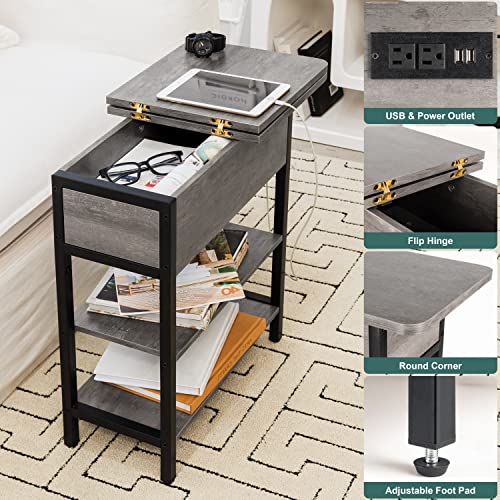 Yoobure End Table with Charging Station, Flip Top Side Table with USB Ports and Outlets, Sofa Couch Table Bedside Table for Living Room Bedroom, Narrow Nightstand with Shelves for Small Space Gray - color: Grey