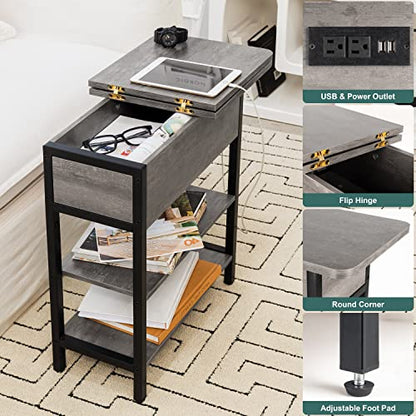 Yoobure End Table with Charging Station, Flip Top Side Table with USB Ports and Outlets, Sofa Couch Table Bedside Table for Living Room Bedroom, Narrow Nightstand with Shelves for Small Space Gray - color: Grey