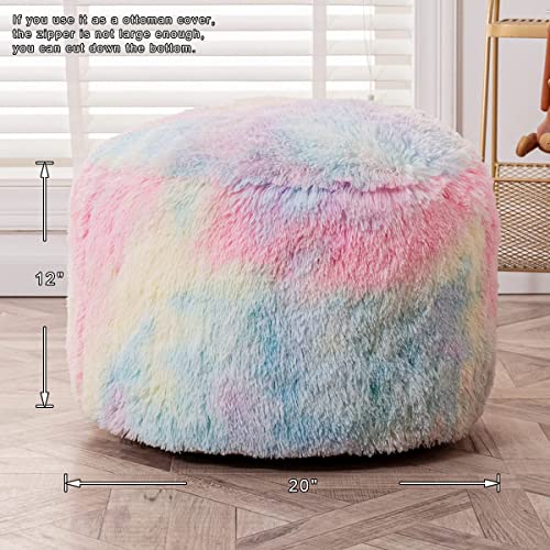 Asuprui Pouf Ottoman Unstuffed Round Bean Bag Poof Ottoman Seat Soft Faux Fur Footrest Stool 20x20x12 Inches Fuzzy Chair Floor Chair Foot Rest with Storage for Living Room Bedroom Rainbow Pouf Cover - color: Rainbow