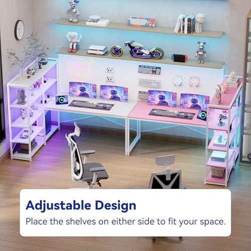 Pamray 49 Inch L Shaped Gaming Computer Desk with Shelves and Storage | Compact Reversible Design with LED Lights & Power Outlets, Suitable for Home Office Bedroom Small Spaces and Dorm Study Work - color: Pink
