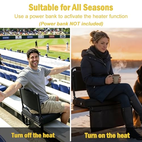 Heated Stadium Seats with Back Support for Bleachers – Portable 5-Position 90-180° Folding Bleacher Seat with Cup Holder & Shoulder Strap, Ideal for Sports Events, and Concerts - style: Heatable