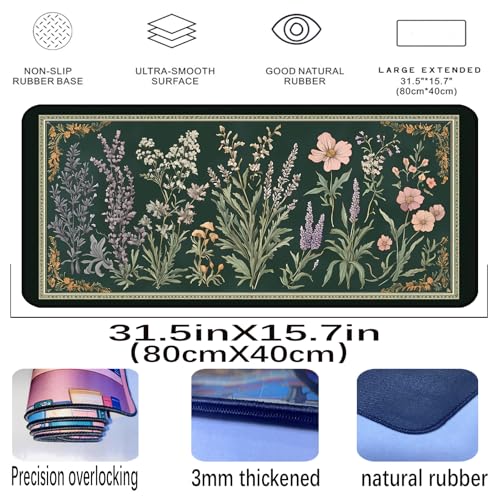Deep Green Retro Desk Pad, Plant Flower Mouse Pad XXL, Large Gaming Mouse Mat, Laptop Pad, Desktop Protective Pad, Computer Mats with Stitched Edges, Women Office Desk Accessory 31.5"X15.7" - color: Green Lavender