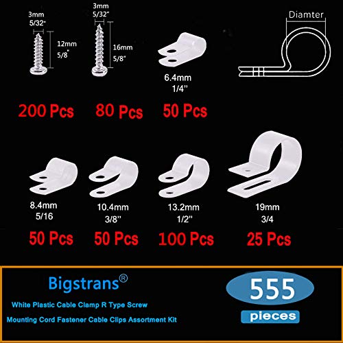 Bigtrans 555 Pcs Nylon Plastic R-Type Wire Clips with Screws 1/4" 5/16" 3/8" 1/2" 3/4" Clamps Fasteners Assortment for Cable Conduit -5 Size -White - color: White, size: 555 Pack Clips with Screws