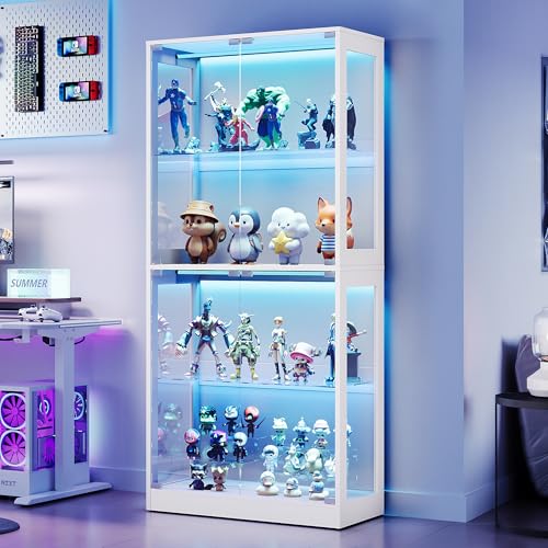 AMERLIFE RGB Display Cabinet with Adjustable Glass Shelves, 4-Tier Storage Case with LED Lights & Press-to-Open Doors, Modern Display Shelf for Collectibles, White 70" H×32" L×16" D - color: White, size: 32×16×70in