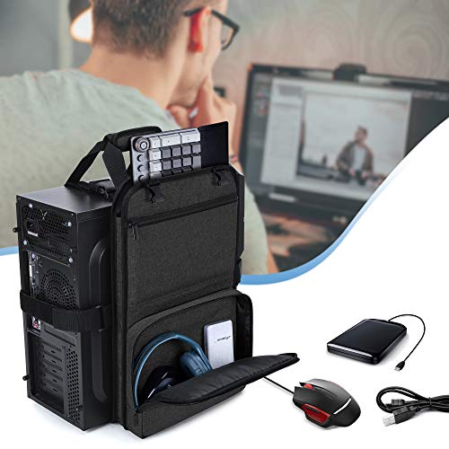 Trunab PC Tower Carrying Strap with Handle, Desktop Computer Case Belt Holder with Pockets for Keyboard, Cable, Headphone, Ideal for Transporting On The Go, Black - Patented Design - size: S - Fits Mini & Mid Tower