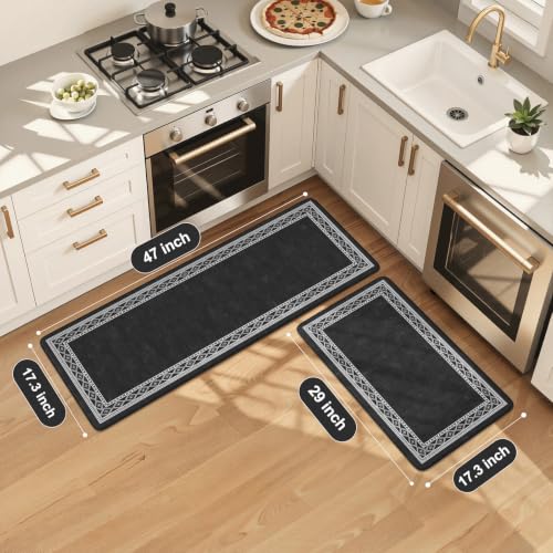 KIMODE Anti Fatigue Kitchen Mats 17"x47"+17"x29", Farmhouse Kitchen Rugs Sets of 2, Cushioned Non Skid Kitchen Mats for Floor, Comfort Kitchen Floor Mats for Sink Laundry Desk Black - color: Black/White, size: 17.3" x 47"+17.3" x 29"--0.47 inches