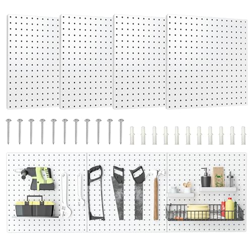 Peg Board, 16”×16”Large Heavy Duty Metal Pegboard Panels with Frame White PegBoard Display 4 Packs Peg Boards for Walls, Display, Garage Tool Storage, Office Organization, Craft Room, Kitchen - color: White, size: 16"×16"-4PCS