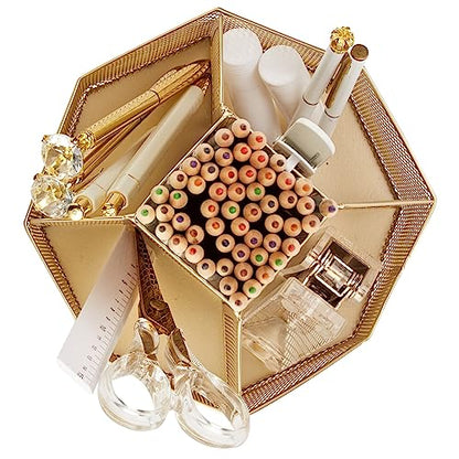 Annova Mesh Desk Organizer Rotate with 5 Compartments Spinning Tidy Candy/Pen Holder Office, Art Supply, Storage, Classroom, Home (Gold) - color: Gold