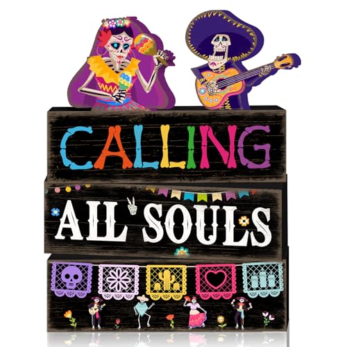 Britimes 4 Pcs Day of the Dead Skull Table Decor Halloween Tiered Tray Decorations Set Skull with Guitar and Maracas Block Signs Gift Rustic Farmhouse Tabletop Decor for Table & Home Office - style: Day of the Dead Duo