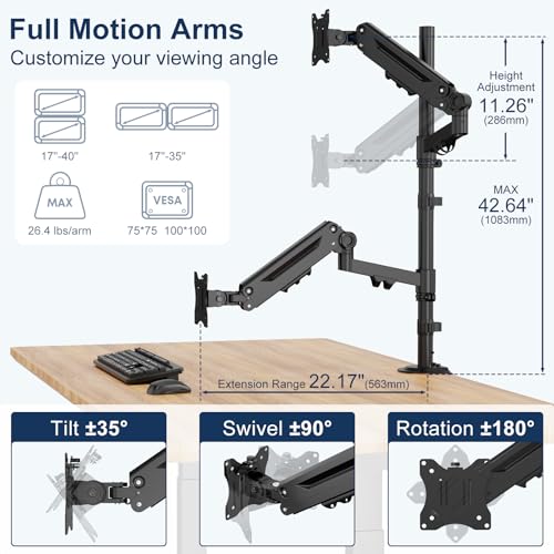 Stacked Monitor Mount - Extra Tall Vertical Monitors Stand for 17-40 Inch Screen, Fully Adjustable and Hold 26.4 lbs per Arm, VESA 75/100 mm