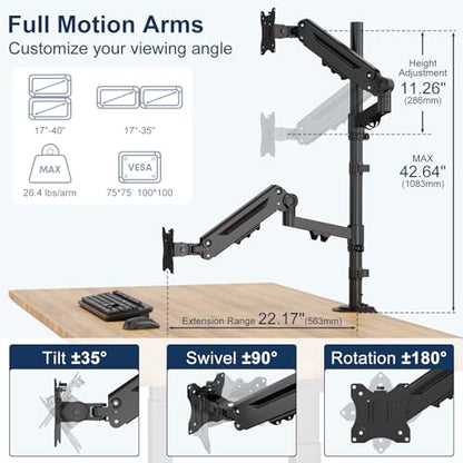 Stacked Monitor Mount - Extra Tall Vertical Monitors Stand for 17-40 Inch Screen, Fully Adjustable and Hold 26.4 lbs per Arm, VESA 75/100 mm