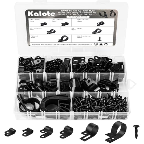 320Pcs Black PA66 Nylon R Type Cable Clamps Clips Assortment Kit | Good Ductility, Fireproof, 6 Sizes (3/16'' 1/4'' 3/8'' 1/2'' 3/4'' 1''), 160pcs M4 Screws, for TV/PC/AC Cables & Wires. - color: 320 Black
