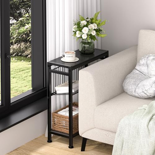 End Table Set of 2 for Small Space, 3-Tier Narrow Side Table with Magazine Holder,Slim Nightstand, Skinny Snack Couch Table in Living Room, Bedroom Study and Balcony (Black) - color: Black-2pcs