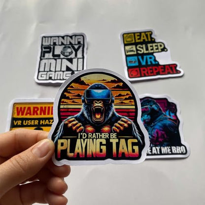 (Set of 5) I'd Rather Be Playing Tag Gorilla Sticker, Wanna Play Mini Games, VR Player Virtual Reality User Hazard Gamer, Come at Me Bro Waterproof Stickers 3 Inches