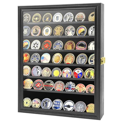 Challenge Coin Display Case, 7 Rows Lockable Military Coin Display Cabinet with UV Acrylic Door, Removable Shelves & Felt Background, Large Shadow Box - size: XL-7 Rows