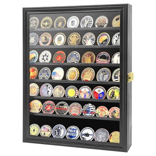 Challenge Coin Display Case, 7 Rows Lockable Military Coin Display Cabinet with UV Acrylic Door, Removable Shelves & Felt Background, Large Shadow Box - size: XL-7 Rows