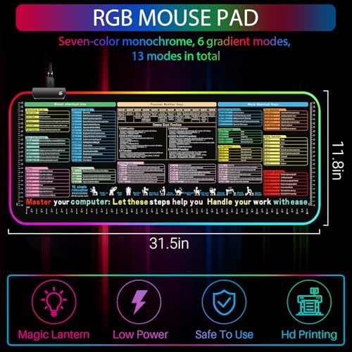 RGB Excel Cheat Sheet Desk Pad-Light Up Waterproof RGB Mouse Pad with Inch Scale,Contain 12 Types of Common Skill in Excel&Word,Excelpad XL Led Desk Mat(Common Office Software 01 with 13 Light Modes) - color: Common Office Software 01 With 13 Light Modes