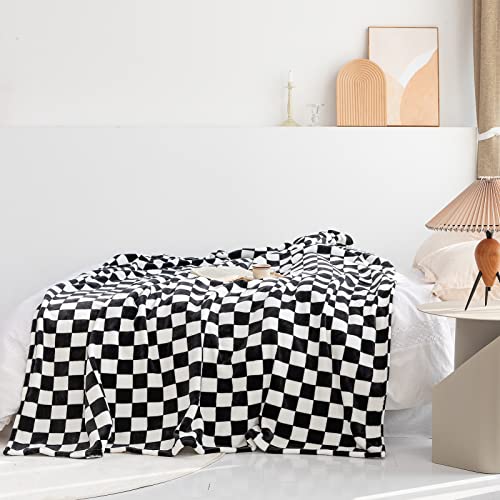 LOMAO Throw Blankets Flannel Blanket with Checkerboard Grid Pattern Soft Throw Blanket for Couch, Bed, Sofa Luxurious Warm and Cozy for All Seasons (Black, 50"x60") - color: Black, size: 50"x60"