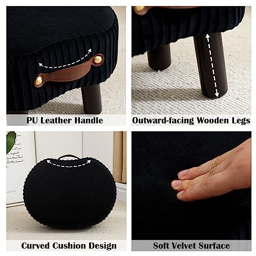 Foot Stools Ottoman with Handle Small Foot Stool Footrest Ottomon | Velvet Footstool Ottoman with Padded Seat, Curved Foot Rest Stool with Wooden Legs for Living Room, Entrywa（Black） - color: Black