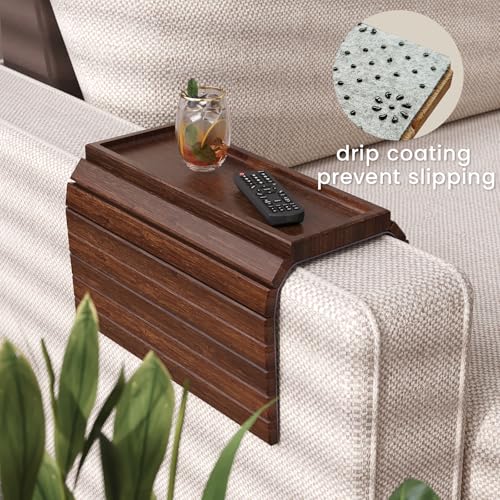 Sofa Arm Tray,Bamboo Folding Couch Arm Tray,Sofa Armrest Tray with Anti-Slip Pad for Drinks,Snacks,Phone,Remote Control（Brown） - color: Brown
