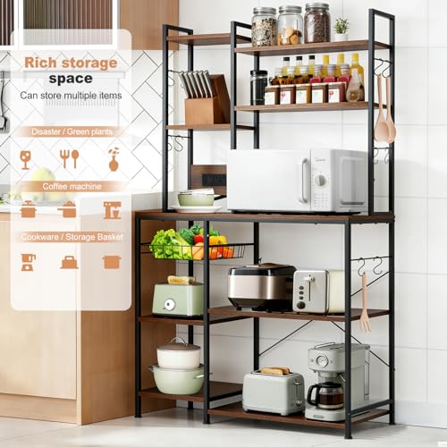 Luckyeestar Bakers Rack with Power Outlet - 6 Tier Microwave Stand with Storage, 35.4 inches Kitchen Shelf with Wire Basket and 12 S Hooks,Coffee Bar Shelf, Adjustable Feet, Rustic Brown Cabinet - size: 6-Tier 35.4 inches