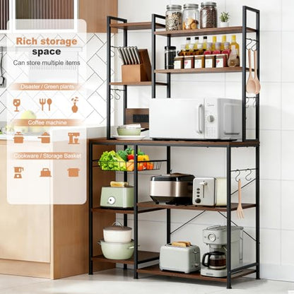 Luckyeestar Bakers Rack with Power Outlet - 6 Tier Microwave Stand with Storage, 35.4 inches Kitchen Shelf with Wire Basket and 12 S Hooks,Coffee Bar Shelf, Adjustable Feet, Rustic Brown Cabinet - size: 6-Tier 35.4 inches