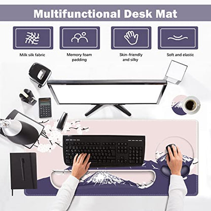 ARTSO Large Mouse Pad Set Ergonomic Keyboard Wrist Rest Support, Memory Foam Gel Wrist Pad, Non-Slip Extended Desk Mat Protector, Pink Sakura Fuji Mountain - color: Pink Sakura Fuji Mountain