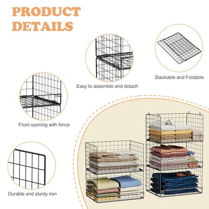 Yociyoga 5-Tier Stackable Closet Organizers and Storage Shelves, Closet Shelf Organizer Basket Bins, Foldable Sweater Storage for Closet Organizer System, Black(Patent 30022416)