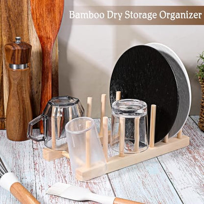 SHENLIU 8 Pcs Bamboo Wooden Plate Rack, 6 Slots Plate Organizer Dish Drying Rack Stand Drainer for for Kitchen Pot Lid Bowl Cup Book Cutting Boards